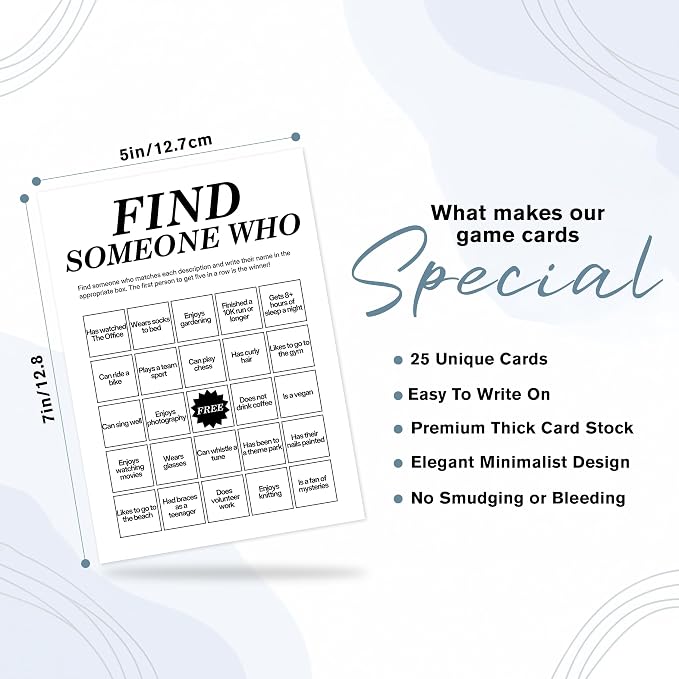 Find Someone Who Bingo Cards, 25 Unique Randomized 5x7 Sheets, Get to Know You Bingo Game for Adults, Ice Breaker Office Party Games, Team Building Games for Work, High Replay Value - B004