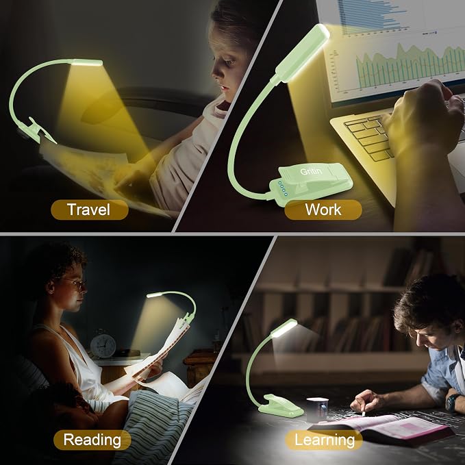 Gritin 9 LED Rechargeable Book Light for Reading in Bed | Eye Caring 3 Color Temps,Stepless Dimming Brightness,80 Hrs Runtime Small Lightweight Clip On Book Reading Light-Cyan