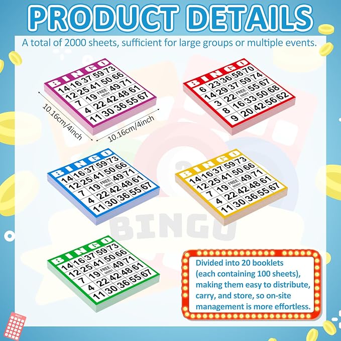 Harloon 2000 Sheets Bingo Paper Game Cards 20 Books 4"x4" Disposable Cards Suit for Family Game Nights Large Groups Activities (Bright Color)