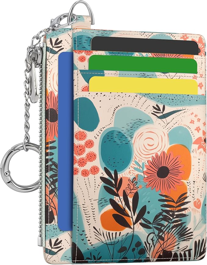 Hancynir Boho Floral Small Wallet Women Credit Card Holder, Slim RFID | Zipper Keychain Wallet, Travel Coin Front Pocket, Ladies Women Gifts, Thin Minimalist Card Case, 6 Card Slots, PU Leather