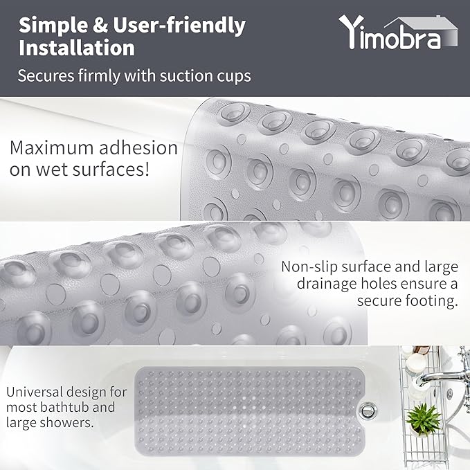 Yimobra Non Slip Bathtub Mat 40"x16", Super Strong Suction Cups, Extra Long Shower Mat with Drain Holes, Machine Washable Fast Draining Bathroom Floor Mat, Clear Grey