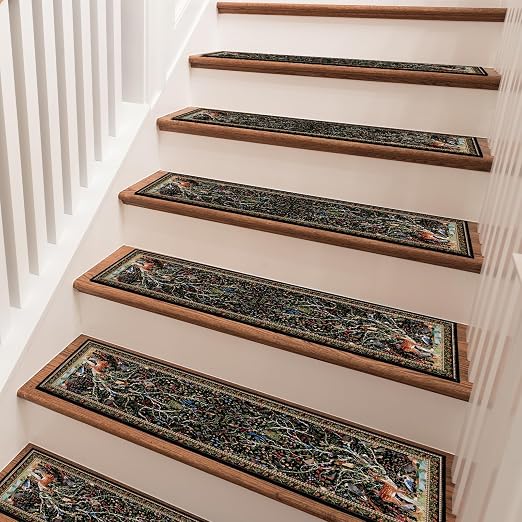 Tree of Life Stair Treads 15 Pack Non Slip Washable Runner | 15PCS Tree of Life Runners Non Slip Washable, Peacocks Deer Rug Carpet 8x30 Inch, Stairs Silicone Backing