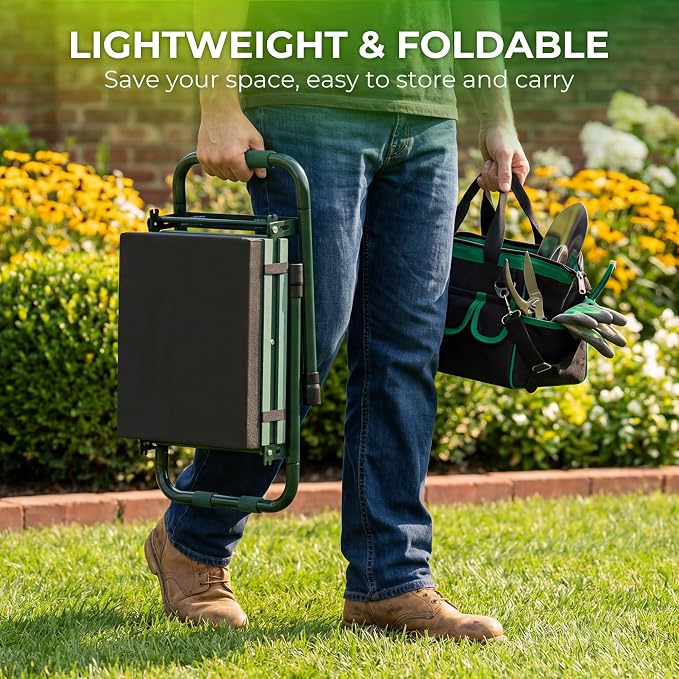 Walensee Garden Kneeler and Seat, with Wider Soft Kneeling Pad & Tool Pouch | Heavy Duty collapsible Garden Tools, portable folding kneeling Stool,Gardening Gifts for Women Men Seniors