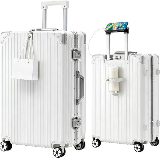24-Inch Aluminum Frame Hardside Checked Luggage, White | Zipperless medium PC suitcase, vacation essentials, dual TSA locks, cup holder, USB port, phone stand, spinner wheels