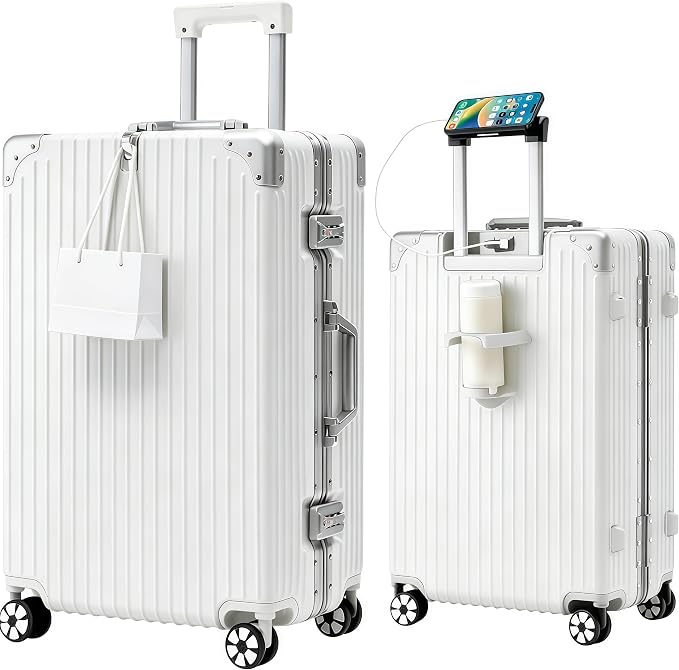 20-Inch Aluminum Frame Hardside Carry On Luggage, White | Zipperless PC suitcase, airline approved, dual TSA locks, cup holder, USB port, phone stand, bag hook, spinner wheels