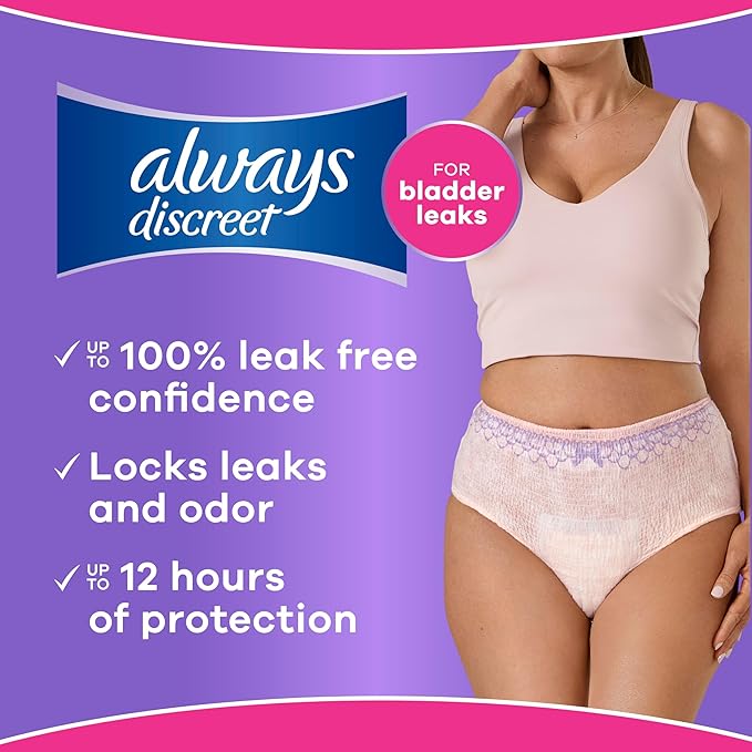 Always Discreet Adult Diapers for Women, Incontinence Underwear, Postpartum Essentials, Disposable Briefs, Max Absorbency, Bladder Leak Protection, Small/Medium, 84ct