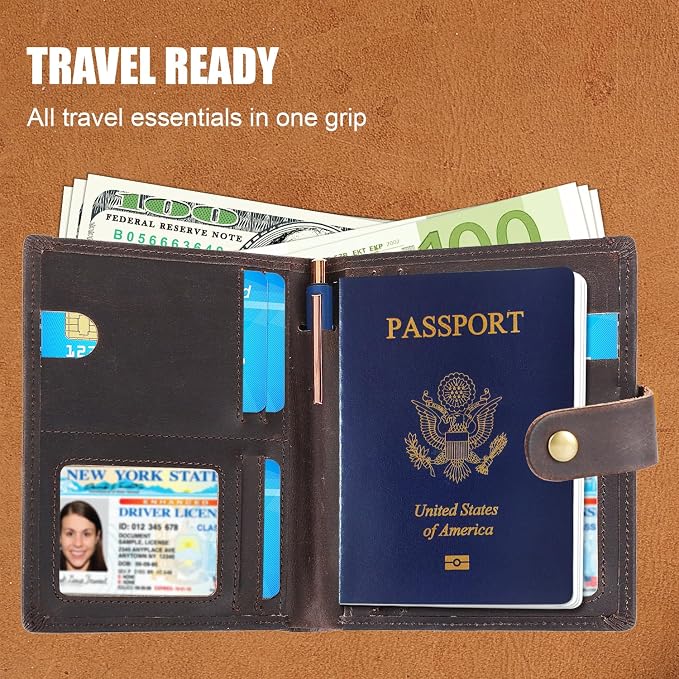 Vitus Full Grain Leather Passport Wallet, Travel Document Organizer with RFID Blocking, Dual Passport Slots, Multiple Card Holders, AirTag Compatible, a 60-Page Travel Notebook & Pen Included