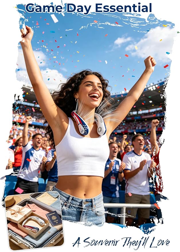 Portable Bladeless Neck Fan, 2026 World Soccer Sport Cup Gifts, Wearable Cooling Fan Rechargeable for Outdoor Sports & Travel, Camping Essentials for Men Dad Father, Souvenir for Global Soccer Events