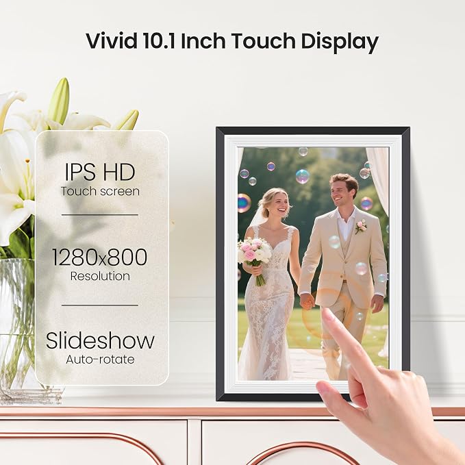 BIGASUO Digital Picture Frame Frameo 10.1", WiFi Photos & Videos Sharing, 3000mAh Battery & Wireless Charging, 1280x800 IPS Touch Screen, 32GB Storage, Support USB/SD Card