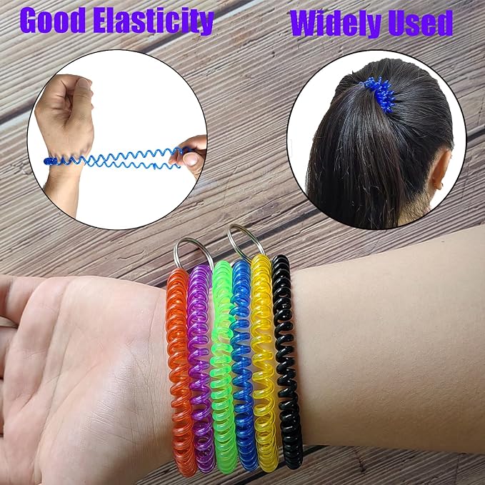 10 Pieces Wrist Coil Keychain Spiral Key Ring, Clear Blue | Wristband Bracelet Key Holder for Pool Gym ID Badge