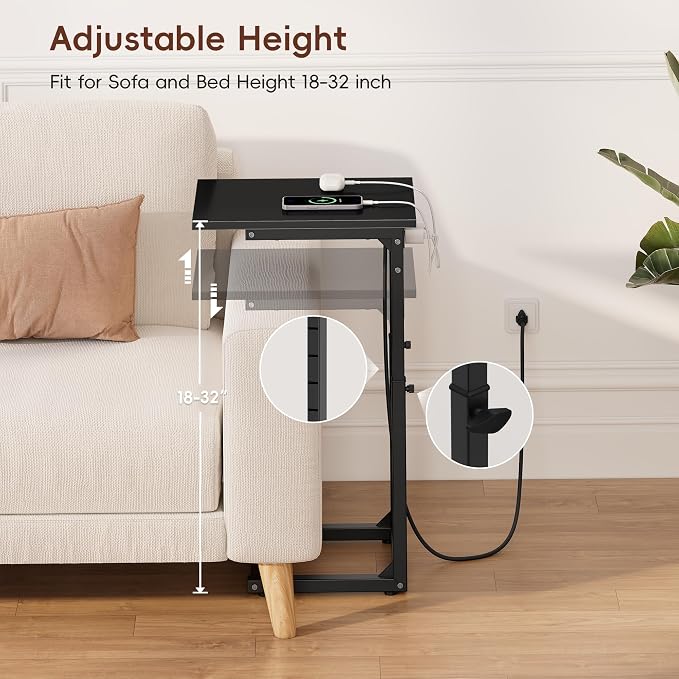 C Shaped End Table with Charging Station, 33"Tall C-Table End Table Adjustable Height Side Table for Couch, Couch Table That Slide Under Sofa Table TV Tray Table for Living Room,Bedroom,Black