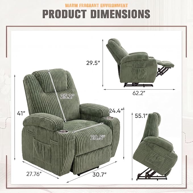 Flamaker Power Lift Recliner Chair Electric Lift Recliner for Elderly | Power Lift Recliner Chair with Cup Holders Side Pockets for Living Room (Corduroy, Green)