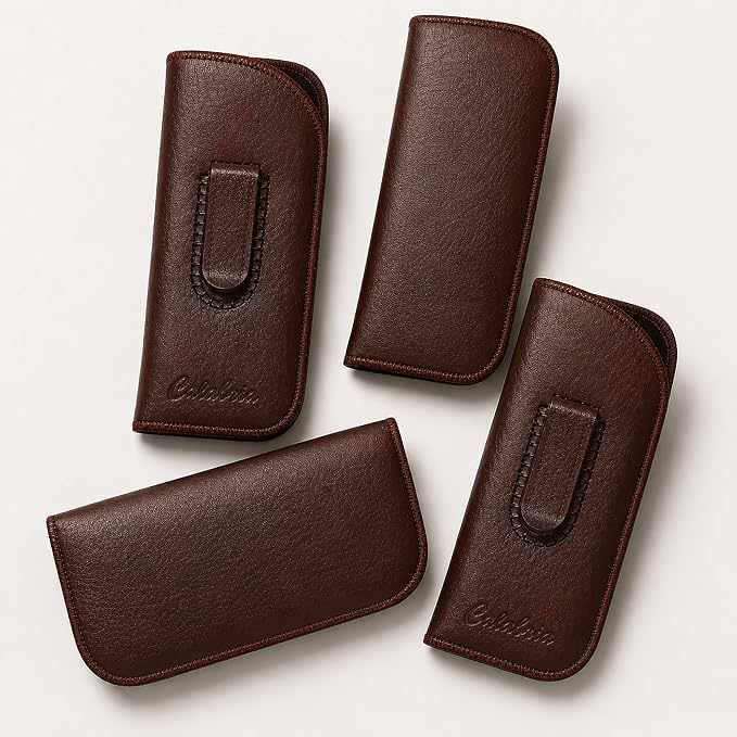 Calabria Slim Eye Glasses Case w/Clip Soft PU Leather Brown Men Women Eyeglasses Pouch Slip-In Eyewear Holder Sunglass Bag - 100PACK