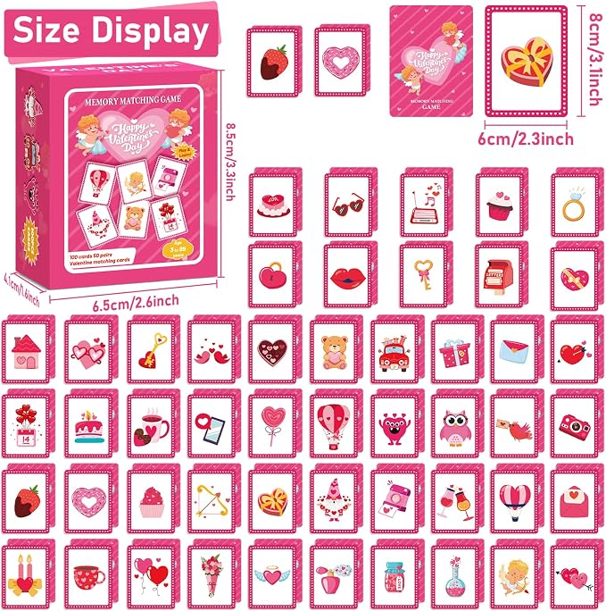 gisgfim 100 PCS Memory Matching Game Valentine's Day Concentration Memory Games Card Educational Game for Kids Educational Ages 3-8 A Fun & Fast Heart Gnome Matching Games