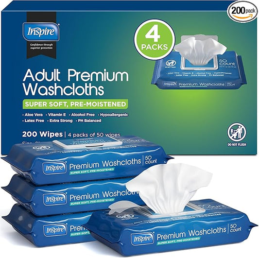 Inspire Adult Wet Wipes, Wash Cloths | Adult Wipes for Incontinence & Cleansing for Elderly, 8"x12" (200 count)