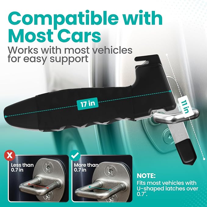 Car Door Handle for Elderly - Car Cane Mobility Aid Tool, Steel Hook, Supports Up to 300 lbs, 3 in 1 Car Door Latch Bar for Seniors & Handicapped, Easy Tool-Free Use, Pack of 1 - (Black)