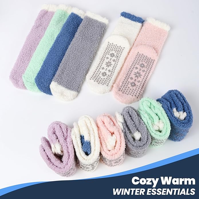 HUGSWEET 6 Pairs Thick Fuzzy Socks with Grip Cozy Non Slip Hospital Socks Home Fluffy Warm Slipper Socks Gifts for Women