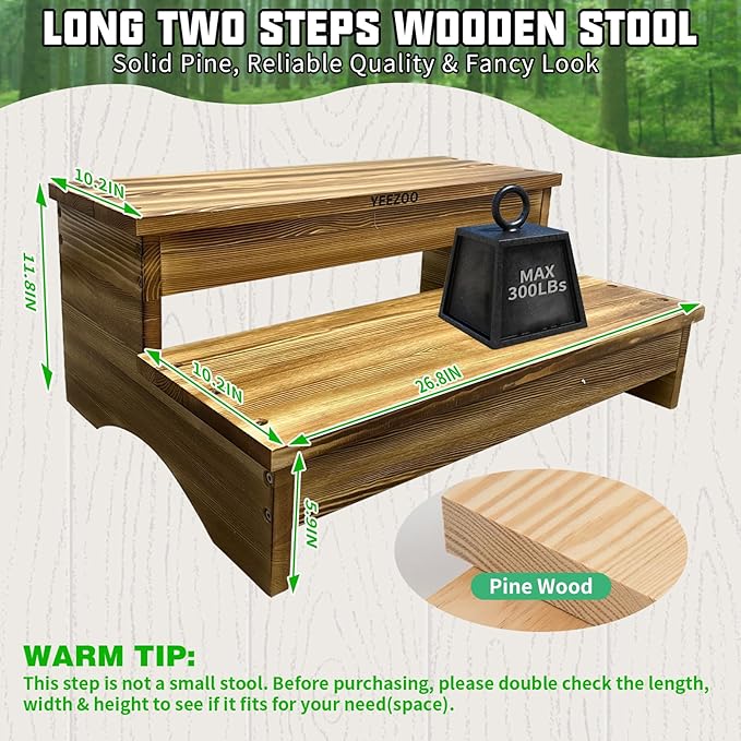 Long Wooden Step Stool, 2 Steps Wood Stool with Non-Slip Pads for Kitchen high Bed for Kids, Adults and Elderly (26.8" L*20.1" W*11.8" H)