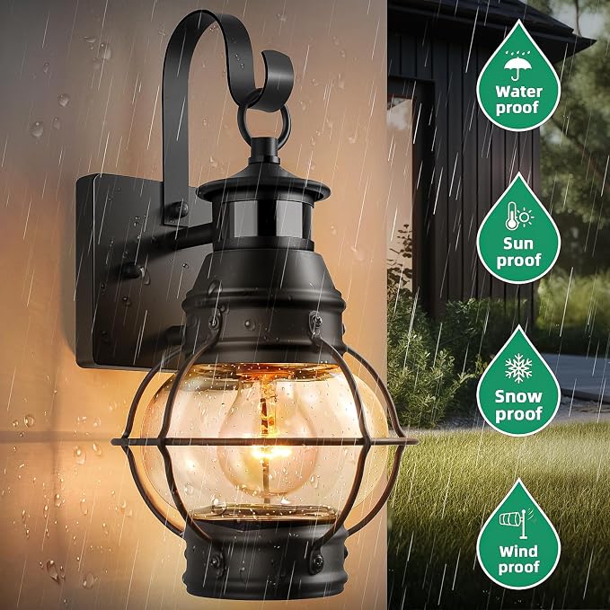 Lamomo Outdoor Wall Light, Motion Sensor Porch Lights Outdoor Wall Light Fixture,Black Dusk to Dawn Exterior Lighting for House Waterproof Anti-Rust Wall Mount Lantern for Outside,Garage(NO Bulb) | Black Dusk to Dawn Exterior Lighting for House,Waterpr...