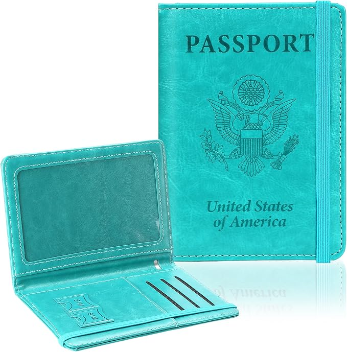 Passport Holder for Travel, RFID Blocking Passport Cover with Pen Holder Leather Passport Wallet Case Travel Must Haves Accessories Passport Book Card Holder for Family Travel Essentials, Turquoise