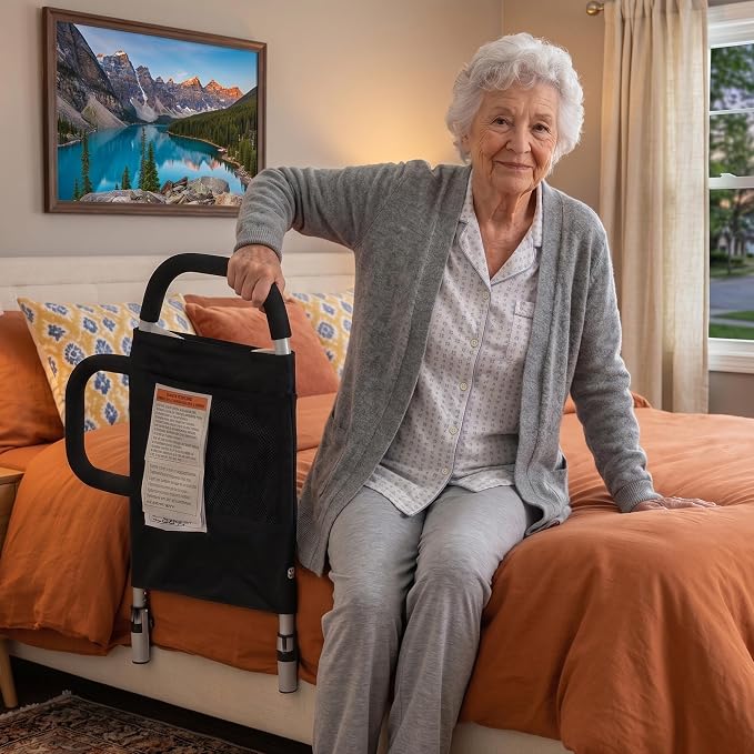 Bed Rails for Elderly Adults, Bed Assist Rail with Dual Padded Handles & Storage Pocket, 300 lbs Capacity, Fits Twin Queen King Beds, Tool-Free Assembly, Black