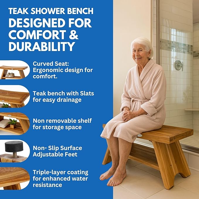 EcoDecors 30 Inch Serenity Teak Shower Bench – Waterproof Bathroom Seat with Large Storage Shelf For Adults & Seniors | Spa-Style Teak Wood Stool with Non-Slip Feet, Elegant Finish, 300 Pound Capacity