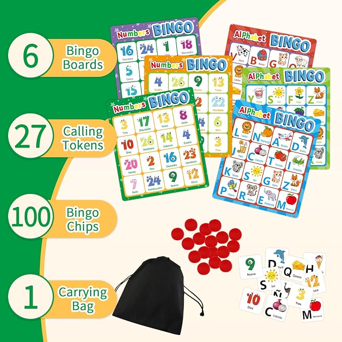 Spanish Alphabet Bingo Game, Letter&Number Sight Word Bingo Board Games for Kids, ABC and 123 Learning Toys for Kindergarten, Toddler Preschool Learning Activities, Family Matching Games