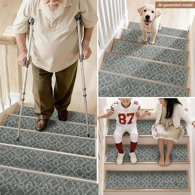 COSY HOMEER Stair Treads for Wooden Steps Indoor with TPE Backing,4Pcs | Non-Slip Carpet Stair Treads, Soft Peel and Stick Stair Runners,Pet-Friendly Stair Runner Washable Reusable,Fern Gray