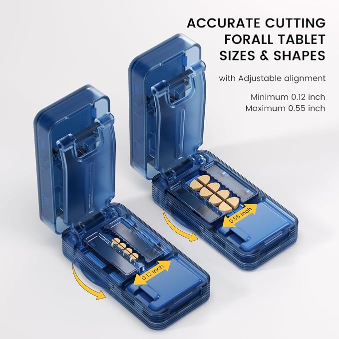 Pill Cutter - 1/2 Pill Splitter for Small Tiny Large Pills with Sealed Storage for Cutting Tablets Vitamins Medication, Portable Travel-Size for Seniors Pets (Blue)