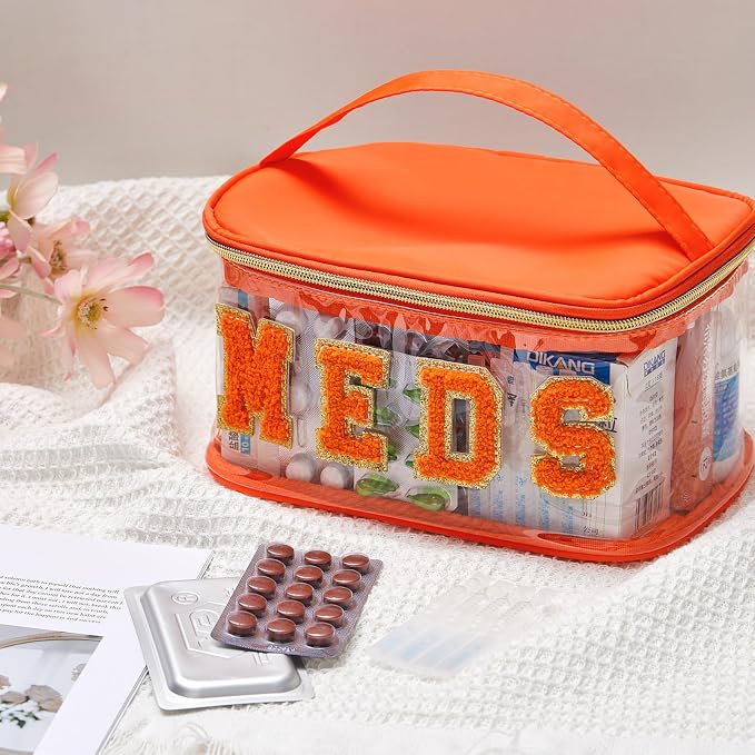 Geetery Chenille Letter Pouch, Travel Meds Bag, Nylon Orange Makeup Bag Clear Medicine Pouch for Travel, Women(Orange, Meds)