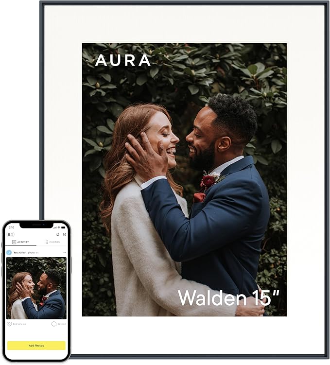 Aura 15" HD WiFi Digital Picture Frame – Free Unlimited Cloud Storage – Send Photos from Phone – No Subscription – Auto On/Off – Gift for Parents & Grandparents (Black Mat, 15")