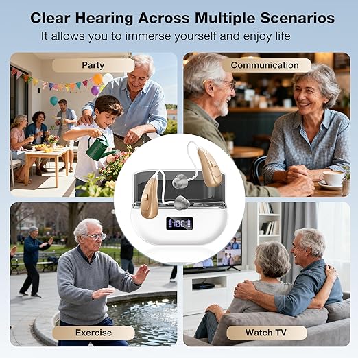 NVBOTY OTC Hearing Aids for Seniors & Adults - Rechargeable, 25+ Hour Battery Life, Advanced Noise Cancellation, 5-Level Volume & Memory, Clear Sound, Comfort-Fit, LED Display (White)