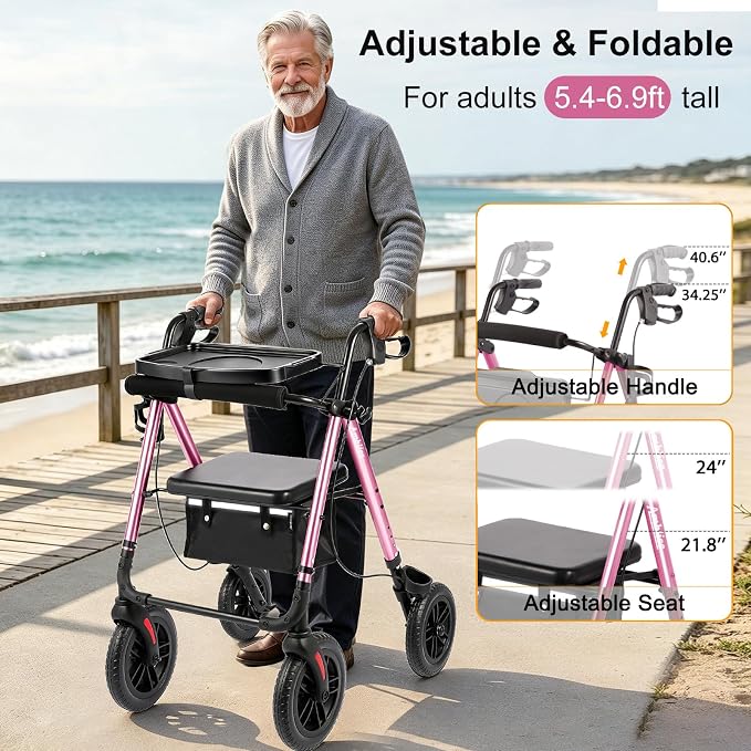 Foldable Rollator Walker for Seniors with Seat,4 Wheel Rolling Walkers | 300lbs walker with tray for Adults & Mobility Impaired|8" Airless Tires|Anti-tip brakes|Adjustable height|Tool-Free Assembly