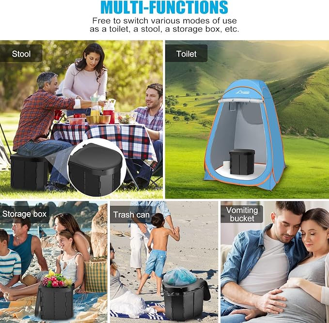 Portable Camping Toilet, Folding Toilet for Adults with Lid and Retractable Toilet Paper Holder, Waterproof Porta Potty with Carry Bag and Disposible Liners