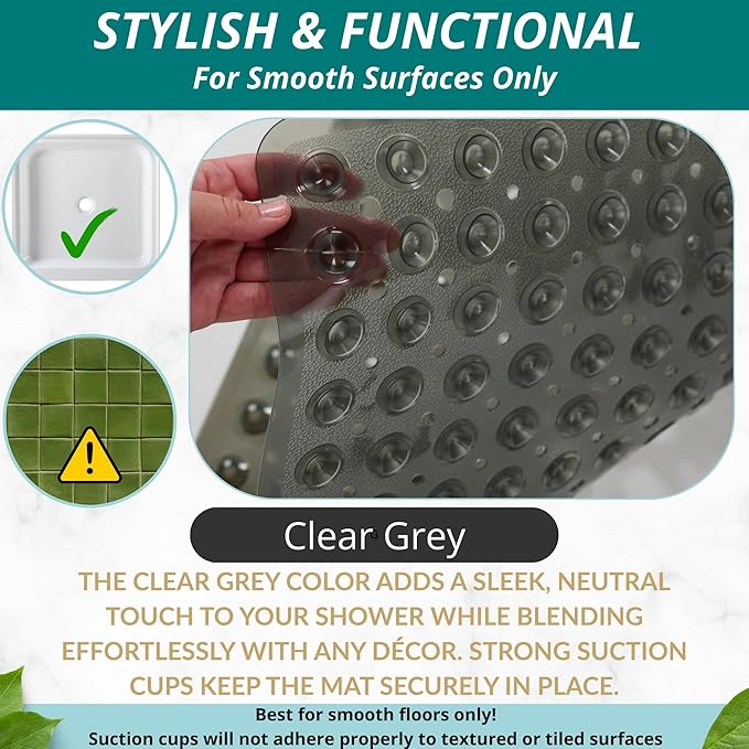 ENKOSI Square Shower Matt Non Slip - 21 x 21 - Shower Floor Mat - Anti Slip Mats for Shower Stall - Shower Bath Mat - Shower Grip Mat (21x21 Clear Grey)
