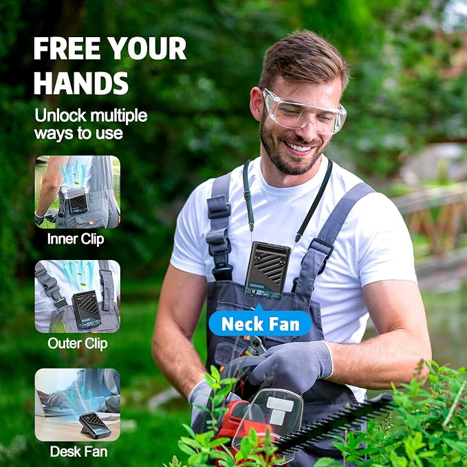 Portable Waist Fan, Powerful Rechargeable Handheld Cooling Shirt Fan with LED Display, USB C Personal Clip On Wearable Neck Straps Fans with Lanyard for Outdoor Working Sports Camping Travel