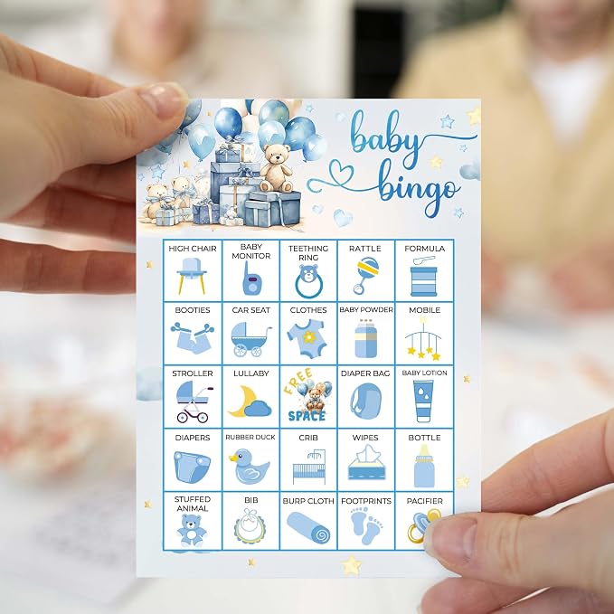 Baby Bingo Game Cards, Balloon Bear Bingo Games for Adults, Blue Baby Shower Bingo Cards Supplies, Gender Reveal Party Decor Favors, Card Gifts for Women Friends Family Birthday Holiday