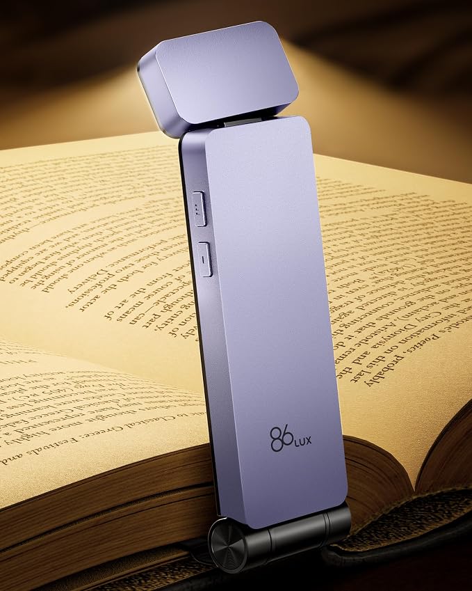 86lux Book Light, Rechargeable Clip-On LED Reading Light for Bed | 3 Color Temperatures with Stepless Dimming, Ultralight Bookmark Design for Book Lovers, Purple