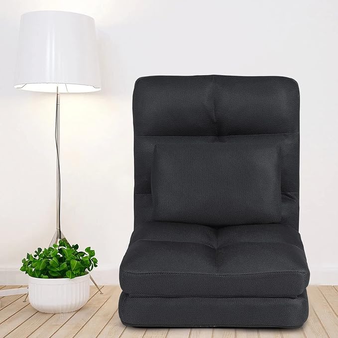 Floor Chair with Back Support for Adults Adjustable 14 Positions Video Game Chairs Foldable Floor Lounger with Pillow 8823(Black)