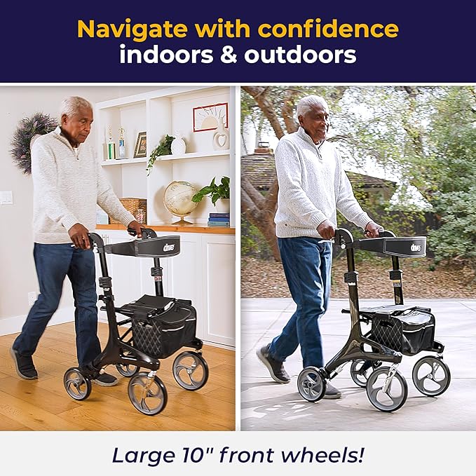 Drive Medical RTL10266CF Nitro Elite CF Rollator Walker with Seat, Black | Foldable Rollator Walker with Seat Offers Lightweight, Convenient Mobility Support for Everyday Use Daily
