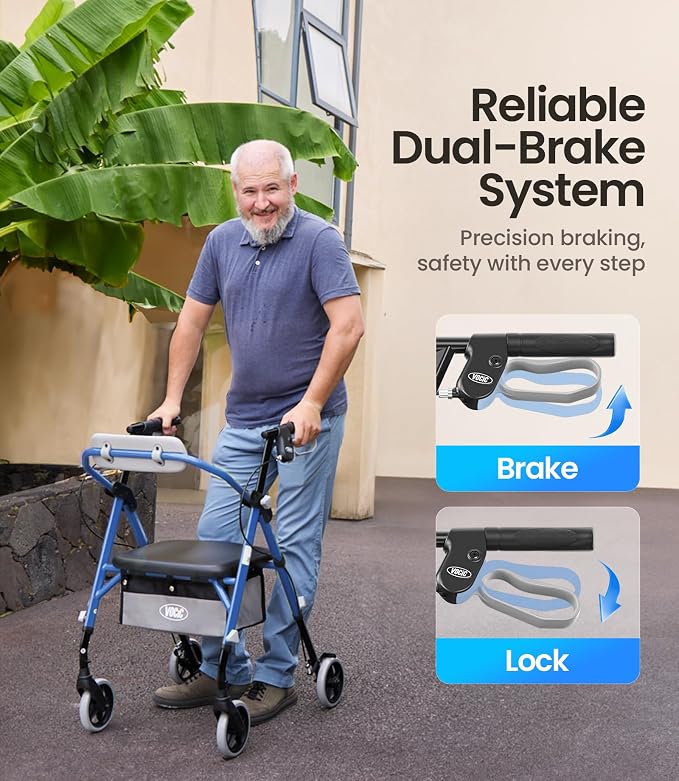 VOCIC Z11 Rollator Walker for Seniors with Seat, 380 LBS | Lightweight Design with Ergo Seat & Backrest, Height Adjustable & Easily Foldable for Seniors' Mobility, Blue