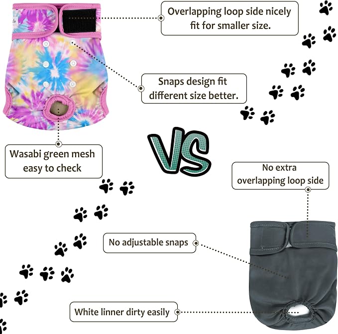 Female Dog Diapers 5Pcs - Premium Reusable Diapers for Doggie in Heat - Highly Absorbent Dog Diapers Female for Pet Incontinence with Adjustable Snaps,Rainbow,S