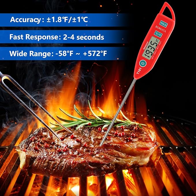 BOMATA 6 Pack Waterproof IPX7 Meat Thermometer, Food Thermometer | Instant Read, Long Probe for Water, Liquid, Kitchen Cooking, Grill,BBQ ! T101 X 6 Pcs (Black & Red & White)…