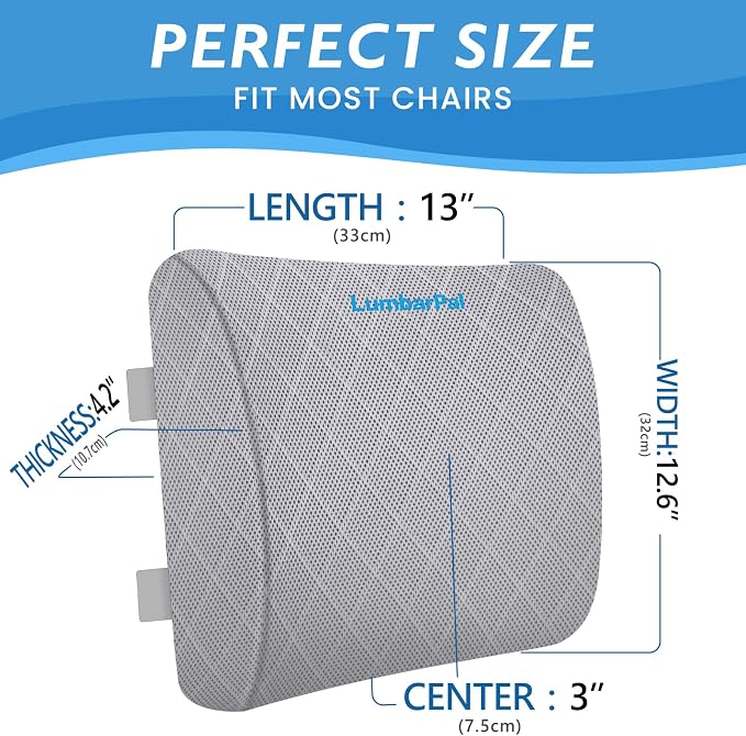 Lumbar Support Pillow for Office Chair Back Support Lumbar Pillow for Car, Gaming, Office Chair - Improve Sitting Posture & Back Pain Relief, Memory Foam, Adjustable Straps, Light Grey