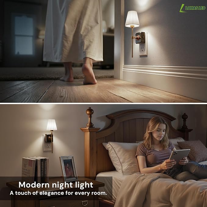 L LOHAS LED Night Lights Plug into Wall, Pleated Fabric Cover Night Light | White Fabric,5000K Daylight with 0-100LM Dimmable,Dusk to Dawn Sensor Vintage Nightlight for Bedroom Living Room