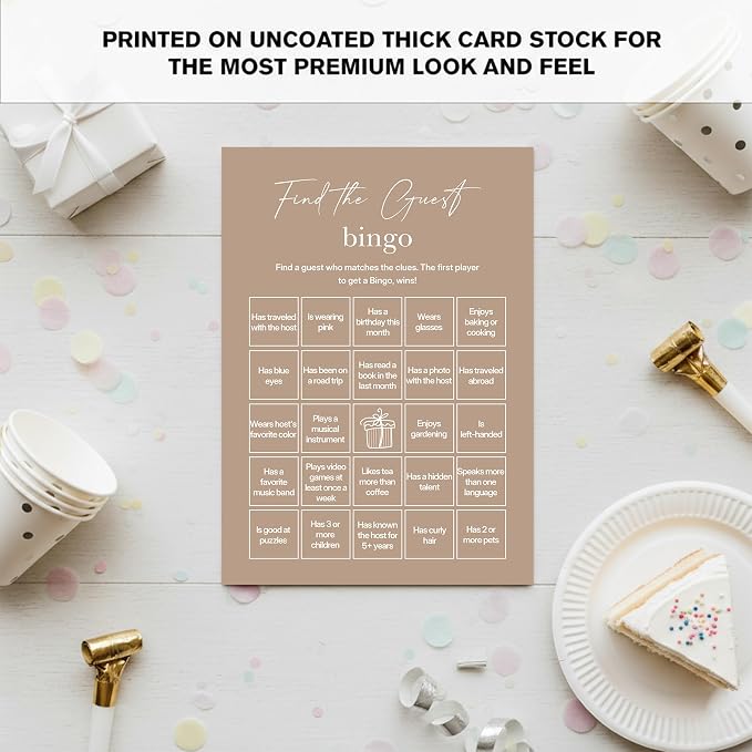 Find The Guest Bingo Cards – 25 Unique Cards, Icebreaker Party Games for Adults, Rustic Brown Mingle Activity for Birthday Parties, Family Reunions, Office Events & Friendsgiving