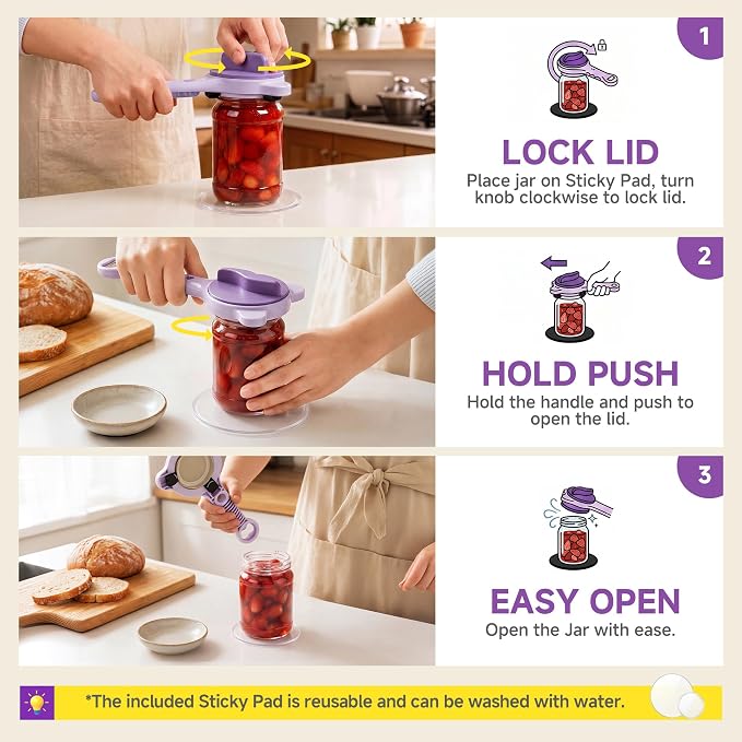 2026 Upgraded 4-in-1 Jar Opener - Adjustable Stainless Steel Lid Remover for Seniors & Arthritis Sufferers, Fits Kitchen Jars, Bottles & Cans Purple