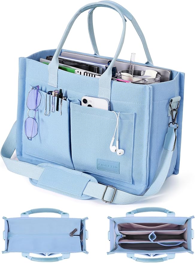 FIORETTO Canvas Tote Bag for Women with Zipper Closure & Individual Compartments for Work College for Teacher & Nurse