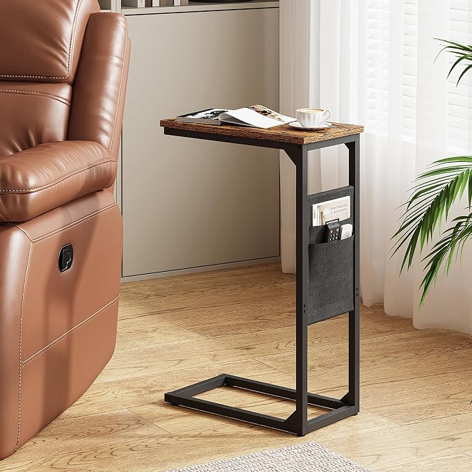 TUTOTAK C Shaped End Table, Side Table for Couch, Sofa Table | with Storage Bag, TV Tray for Living Room, Bedroom, Brown TB01BB082