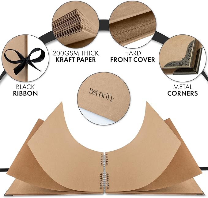 Bstorify 10 x 10 Inches Scrapbook Album For 4 x 6, 8 x 10 Pictures, 70 Pages Brown Thick 200gsm Kraft Paper Corner Protectors, Ribbon Closure - Ideal for Your Scrapbooking, Art & Craft Projects